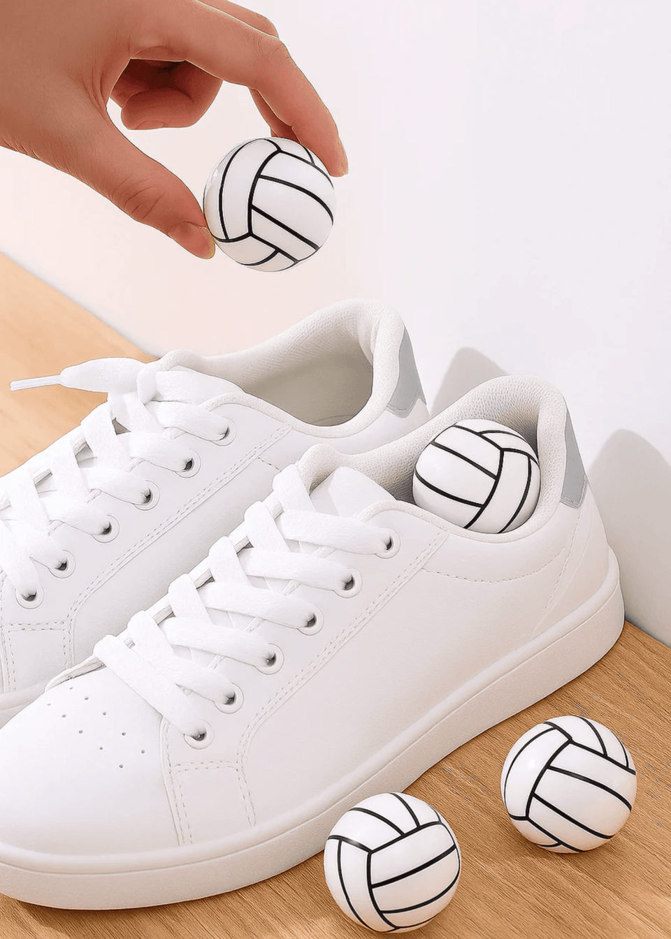 White sneakers with volleyball designs on a wooden surface